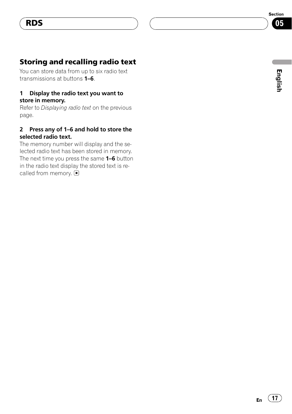 Storing and recalling radio text 17 | Pioneer DEH-P6500R User Manual | Page 17 / 108