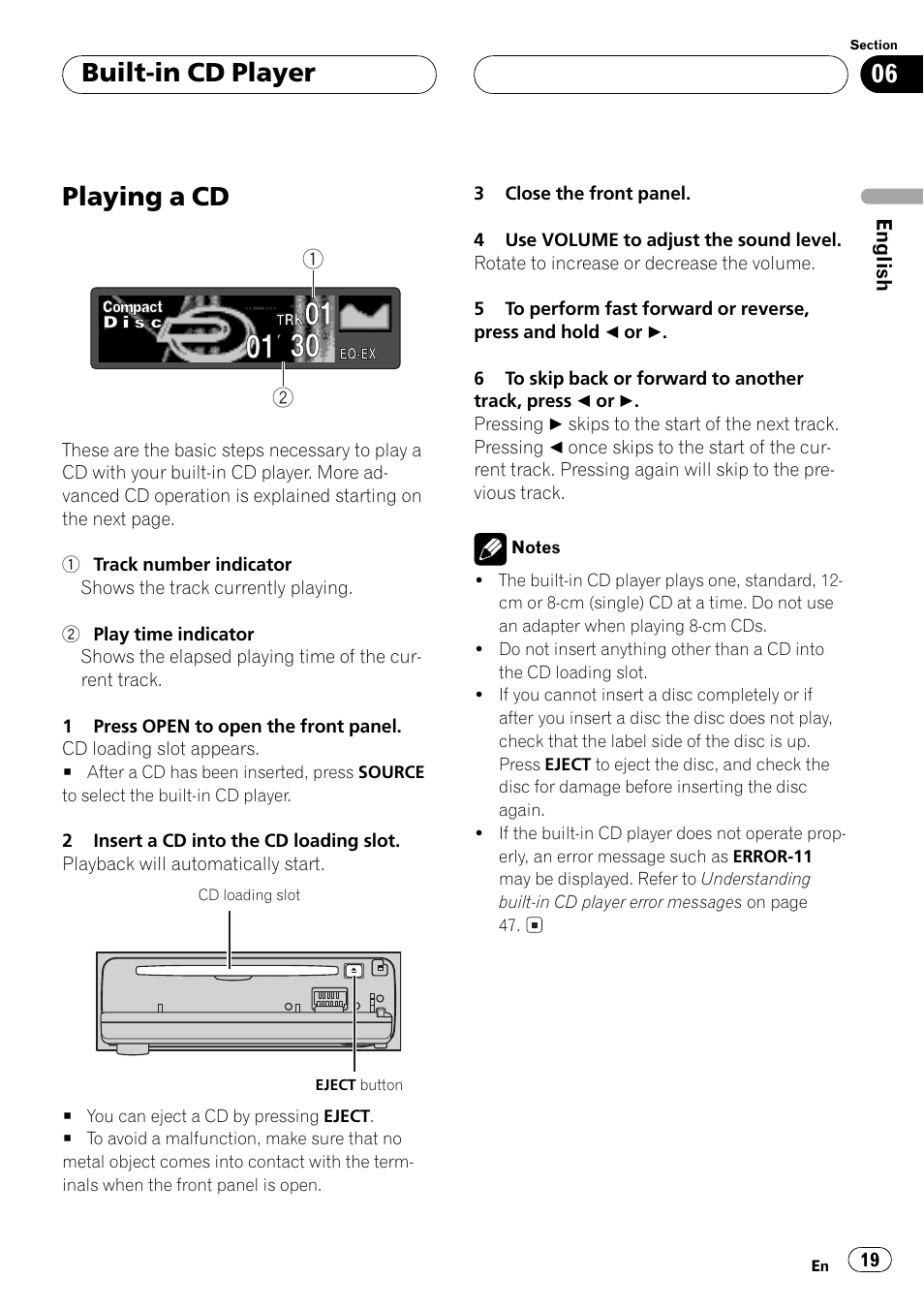 Built-in cd player playing a cd 19, Playing a cd, Built-in cd player | Pioneer DEH-P6500R User Manual | Page 19 / 108