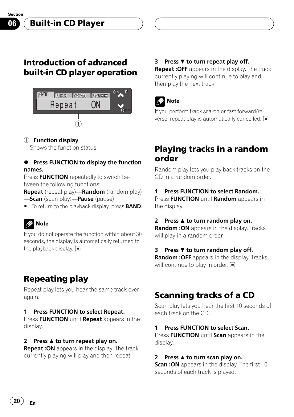 Introduction of advanced built-in cd player, Operation 20, Repeating play | Playing tracks in a random order, Scanning tracks of a cd, Built-in cd player | Pioneer DEH-P6500R User Manual | Page 20 / 108