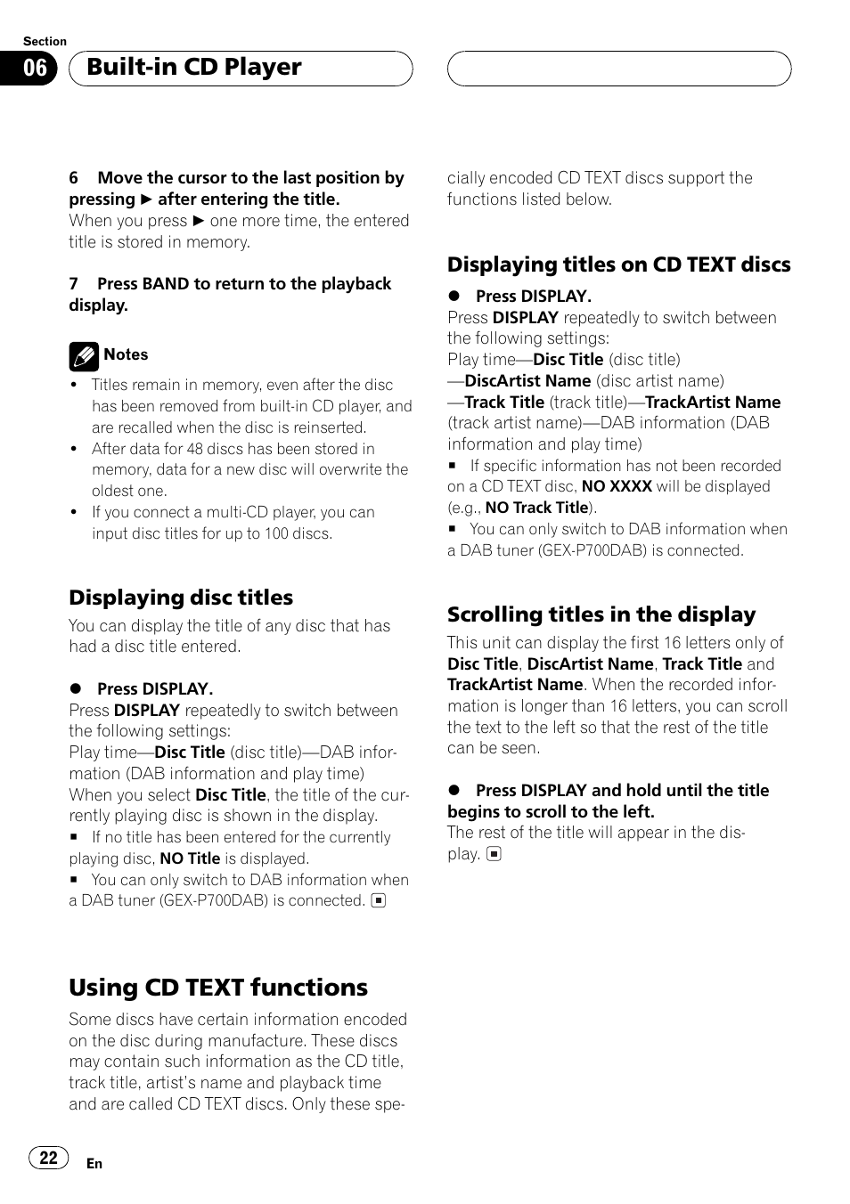 Displaying disc titles 22, Using cd text functions 22, Displaying titles on cd text | Discs 22, Scrolling titles in the display 22, Using cd text functions, Built-in cd player, Displaying disc titles, Displaying titles on cd text discs, Scrolling titles in the display | Pioneer DEH-P6500R User Manual | Page 22 / 108