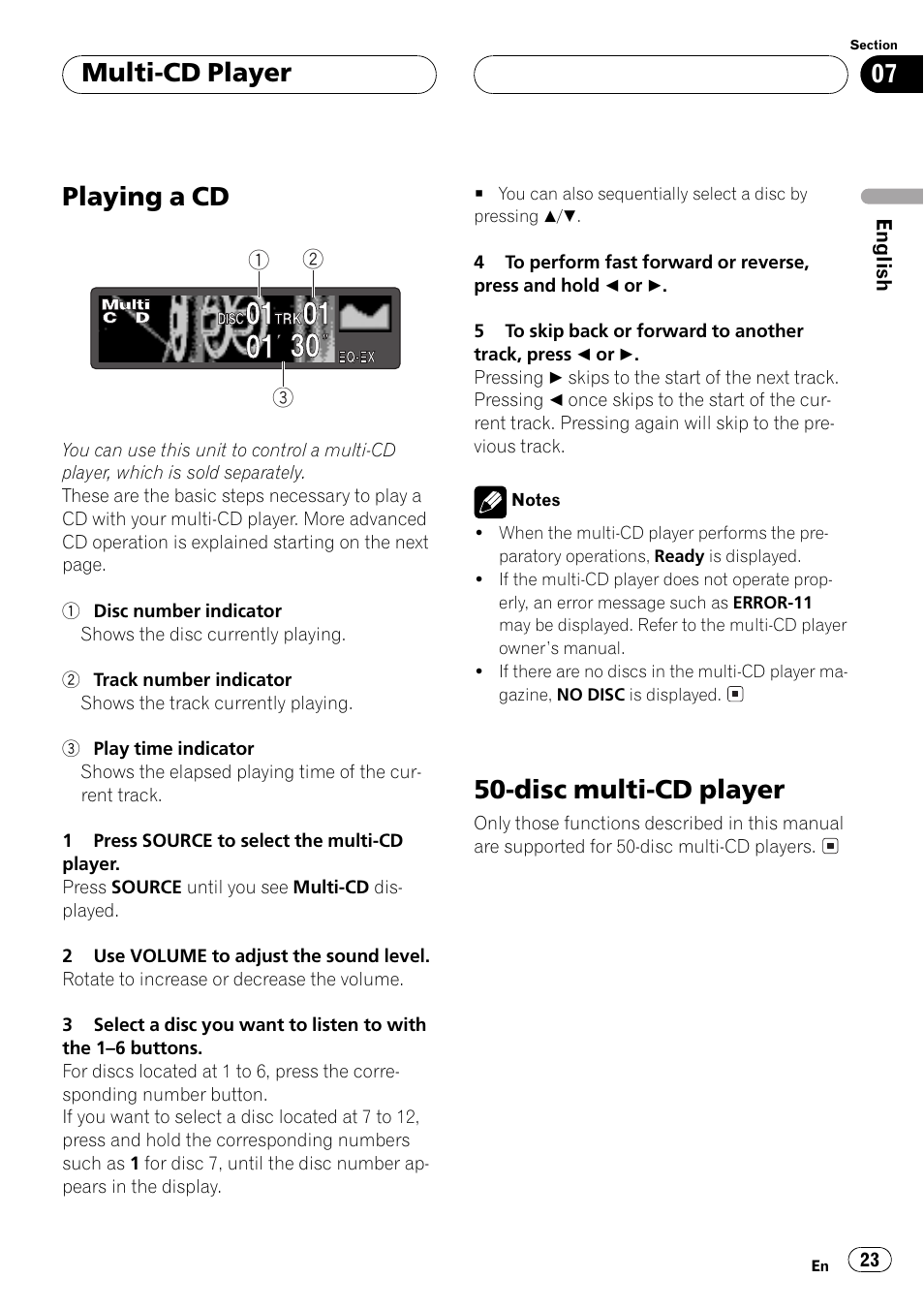 Playing a cd, Disc multi-cd player, Multi-cd player | Pioneer DEH-P6500R User Manual | Page 23 / 108