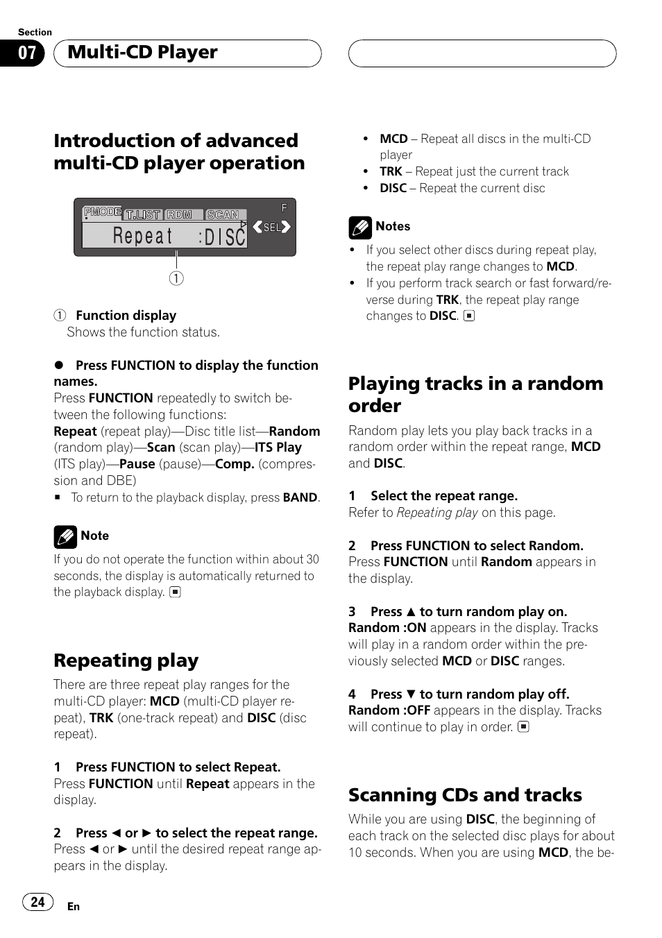 Introduction of advanced multi-cd player, Operation 24, Introduction of advanced multi-cd player operation | Repeating play, Playing tracks in a random order, Scanning cds and tracks, Multi-cd player | Pioneer DEH-P6500R User Manual | Page 24 / 108