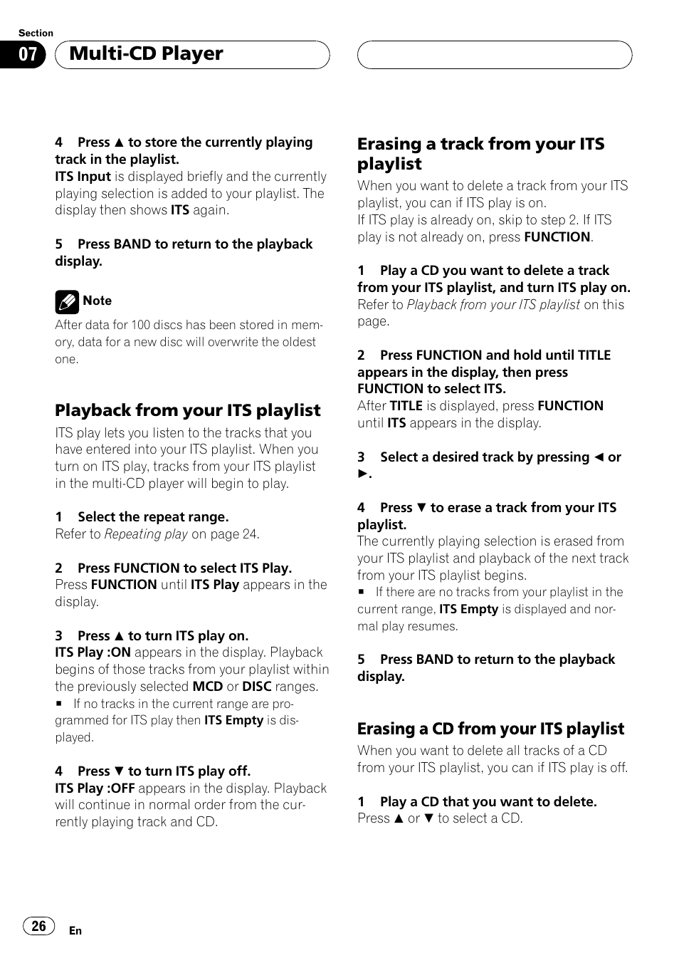 Playback from your itsplaylist 26, Erasing a track from your its, Playlist 26 | Erasing a cd from your its, Multi-cd player, Playback from your its playlist, Erasing a track from your its playlist, Erasing a cd from your its playlist | Pioneer DEH-P6500R User Manual | Page 26 / 108