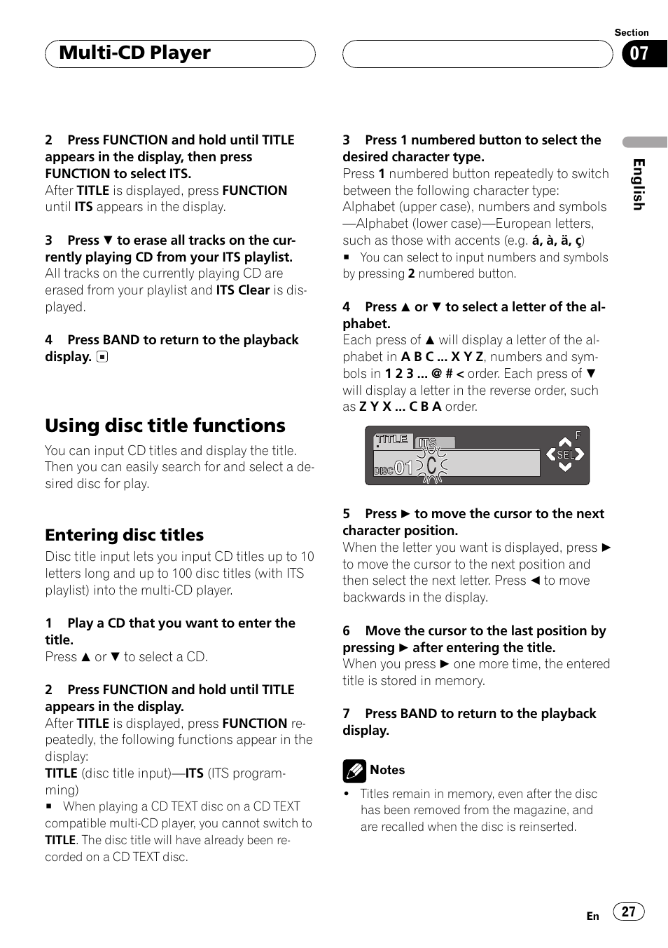 Using disc title functions 27, Entering disc titles 27, Using disc title functions | Multi-cd player, Entering disc titles | Pioneer DEH-P6500R User Manual | Page 27 / 108