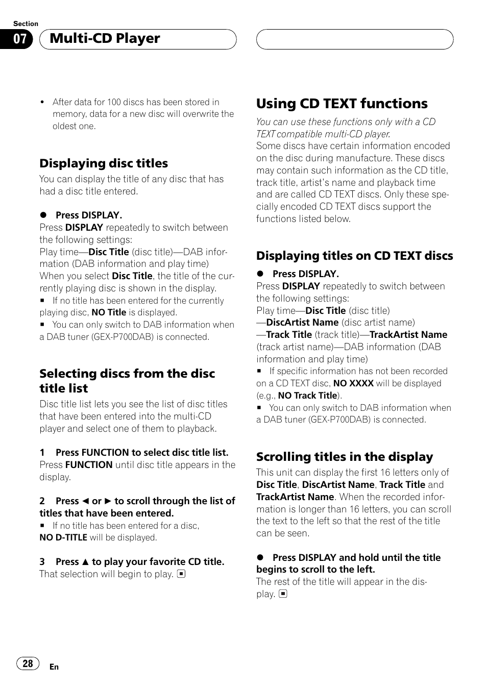 Displaying disc titles 28, Selecting discs from the disc title, List 28 | Using cd text functions 28, Displaying titles on cd text, Discs 28, Scrolling titles in the display 28, Using cd text functions, Multi-cd player | Pioneer DEH-P6500R User Manual | Page 28 / 108