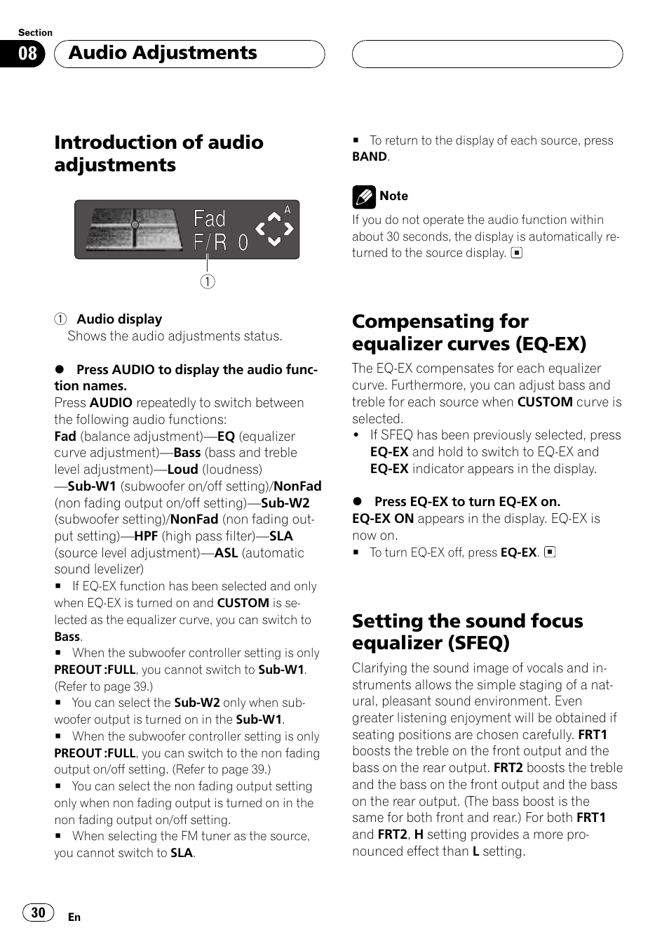 Ex) 30, Setting the sound focus equalizer, Sfeq) 30 | Introduction of audio adjustments, Compensating for equalizer curves (eq-ex), Setting the sound focus equalizer (sfeq), Audio adjustments | Pioneer DEH-P6500R User Manual | Page 30 / 108