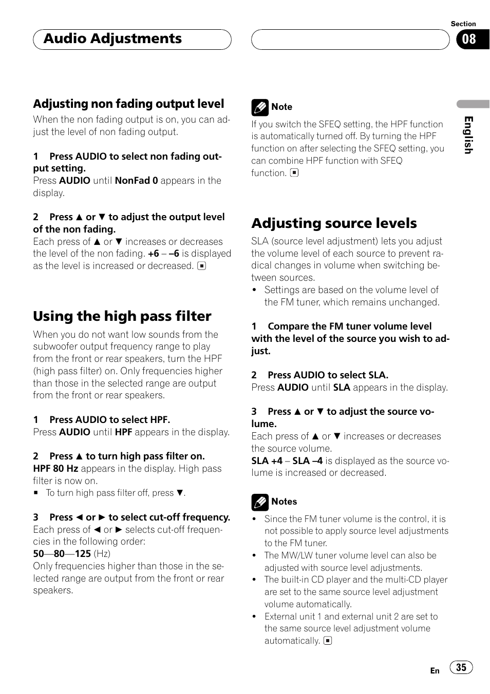 Adjusting non fading output level 35, Using the high pass filter 35, Adjusting source levels 35 | Using the high pass filter, Adjusting source levels, Audio adjustments, Adjusting non fading output level | Pioneer DEH-P6500R User Manual | Page 35 / 108