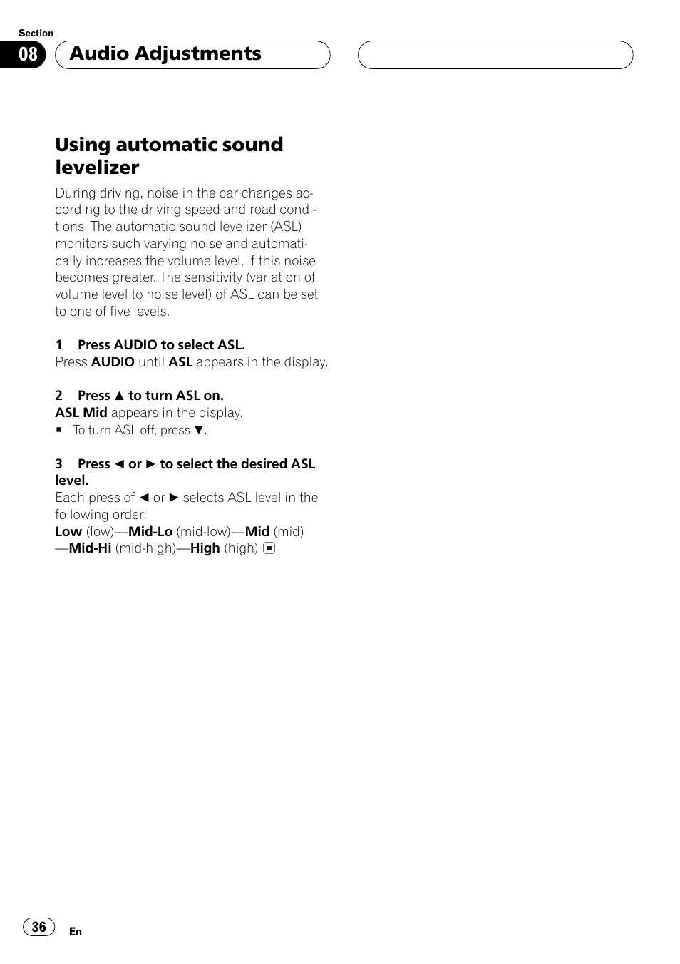 Using automatic sound levelizer 36, Using automatic sound levelizer, Audio adjustments | Pioneer DEH-P6500R User Manual | Page 36 / 108