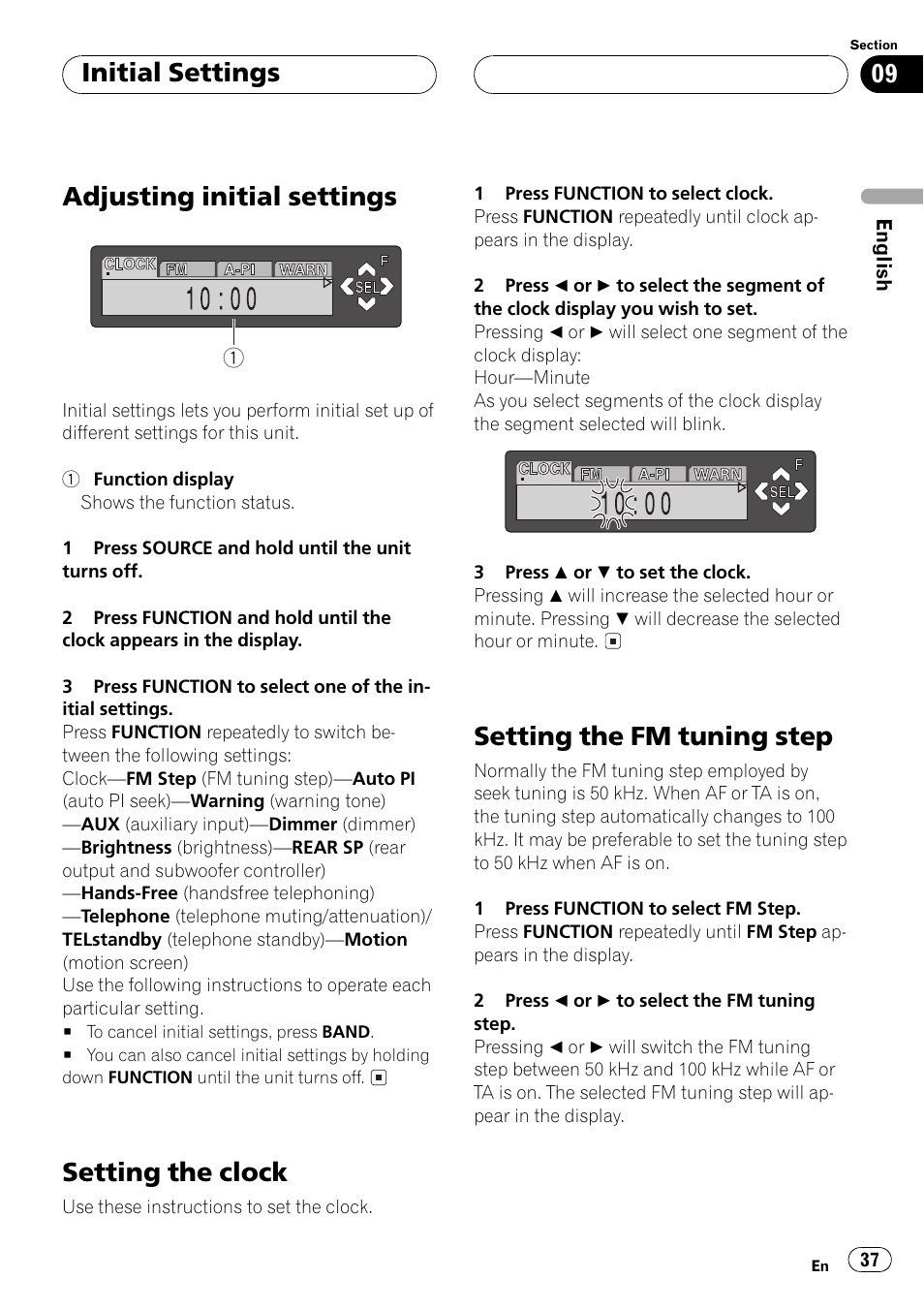 Adjusting initial settings, Setting the clock, Setting the fm tuning step | Initial settings | Pioneer DEH-P6500R User Manual | Page 37 / 108