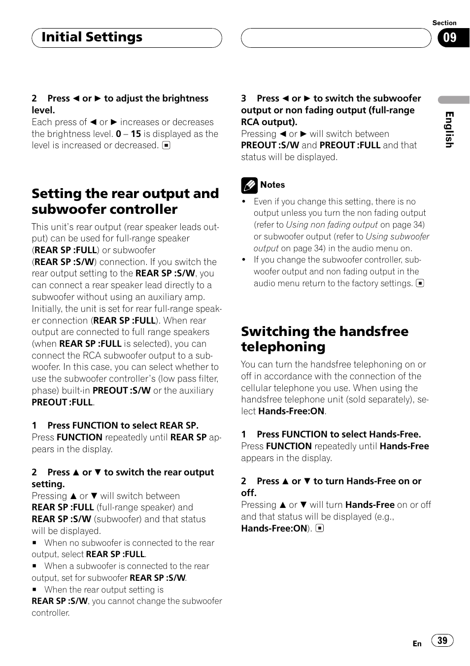 Setting the rear output and subwoofer, Controller 39, Switching the handsfree telephoning 39 | Setting the rear output and subwoofer controller, Switching the handsfree telephoning, Initial settings | Pioneer DEH-P6500R User Manual | Page 39 / 108
