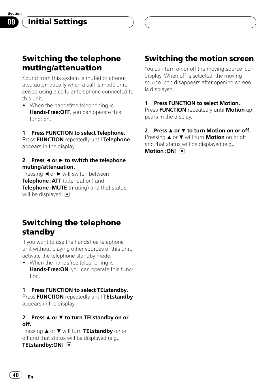 Switching the telephone muting, Attenuation 40, Switching the telephone muting/attenuation | Switching the telephone standby, Switching the motion screen, Initial settings | Pioneer DEH-P6500R User Manual | Page 40 / 108