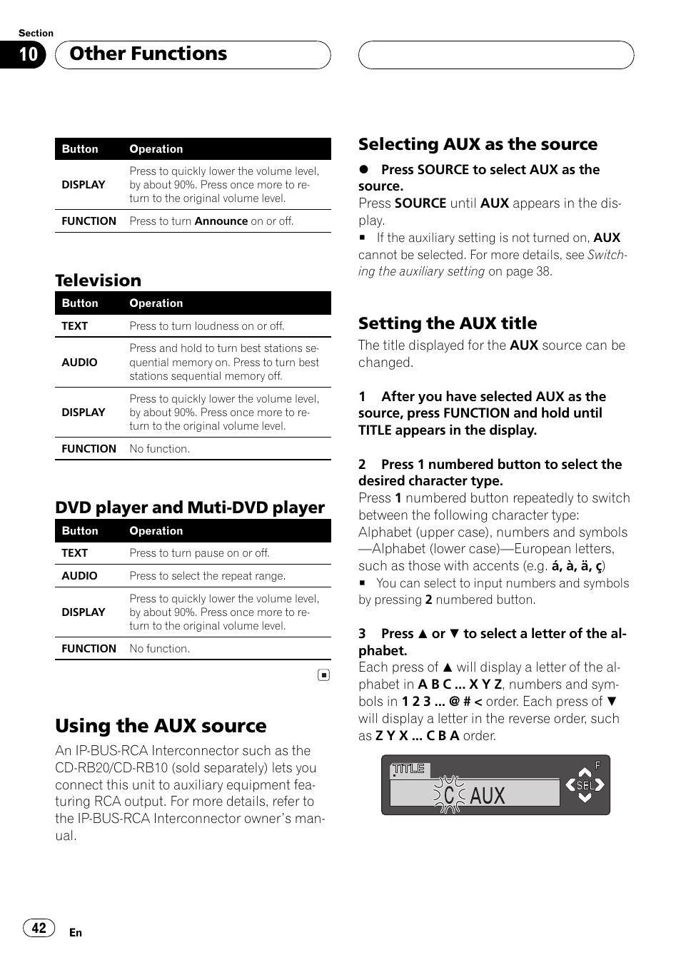 Television 42, Dvd player and muti-dvd player 42, Using the aux source 42 | Selecting aux as the source 42, Setting the aux title 42, Using the aux source, Other functions, Television, Dvd player and muti-dvd player, Selecting aux as the source | Pioneer DEH-P6500R User Manual | Page 42 / 108
