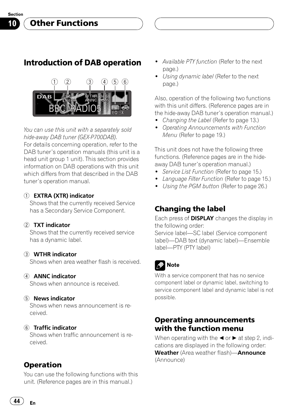 Introduction of dab operation 44, Operation 44, Changing the label 44 | Operating announcements with the, Function menu 44, Introduction of dab operation, Other functions | Pioneer DEH-P6500R User Manual | Page 44 / 108