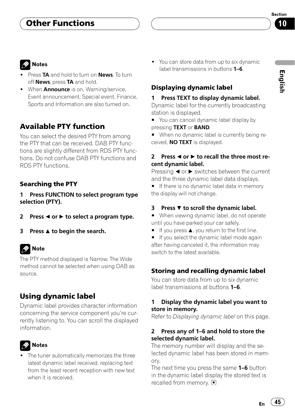 Available pty function 45, Using dynamic label 45, Available pty function | The next, Using dynamic label, Other functions | Pioneer DEH-P6500R User Manual | Page 45 / 108