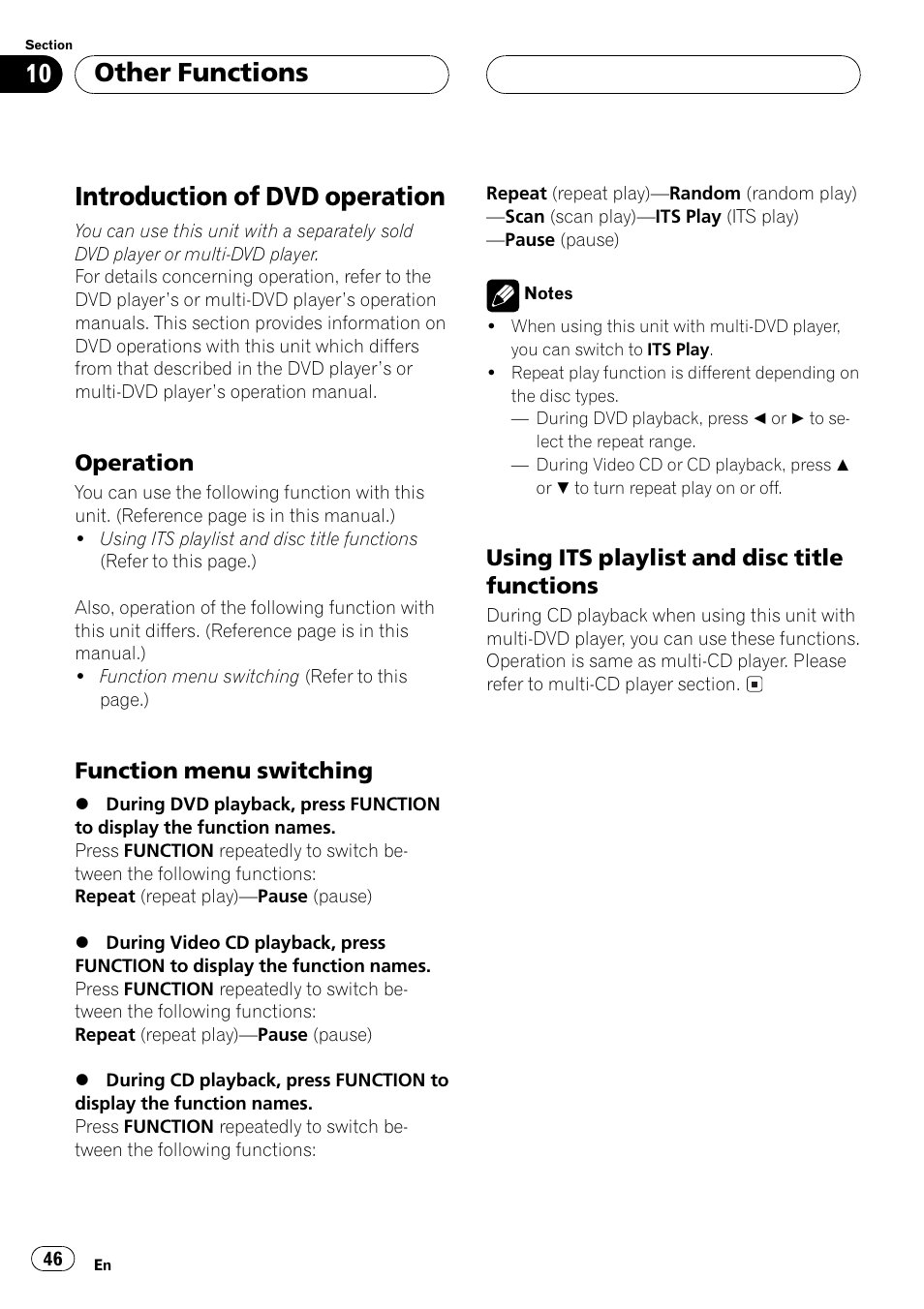 Introduction of dvd operation 46, Operation 46, Function menu switching 46 | Using itsplaylist and disc title, Functions 46, Introduction of dvd operation, Other functions, Operation, Function menu switching, Using its playlist and disc title functions | Pioneer DEH-P6500R User Manual | Page 46 / 108