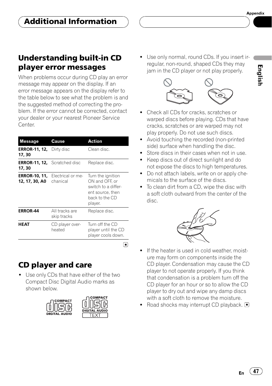 Messages 47, Cd player and care 47, Understanding built-in cd player error messages | Cd player and care, Additional information | Pioneer DEH-P6500R User Manual | Page 47 / 108
