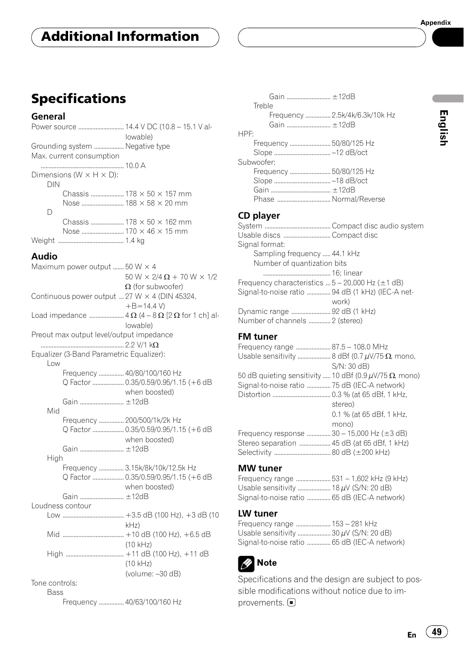 Specifications 49, Specifications, Additional information | English | Pioneer DEH-P6500R User Manual | Page 49 / 108