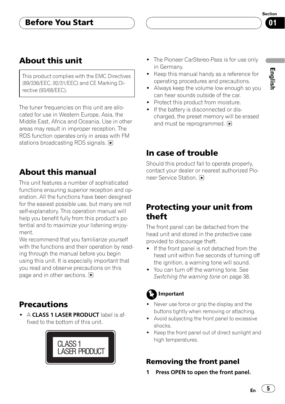 Removing the front panel 5, About this unit, About this manual | Precautions, Protecting your unit from theft, Before you start, Class 1 laser product | Pioneer DEH-P6500R User Manual | Page 5 / 108