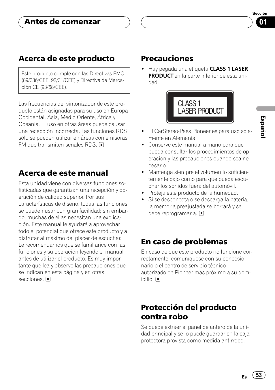 Antes de comenzar acerca de este producto 53, Acerca de este manual 53, Precauciones 53 | En caso de problemas 53, Protección del producto contra robo 53, Acerca de este producto, Acerca de este manual, Precauciones, En caso de problemas, Protección del producto contra robo | Pioneer DEH-P6500R User Manual | Page 53 / 108