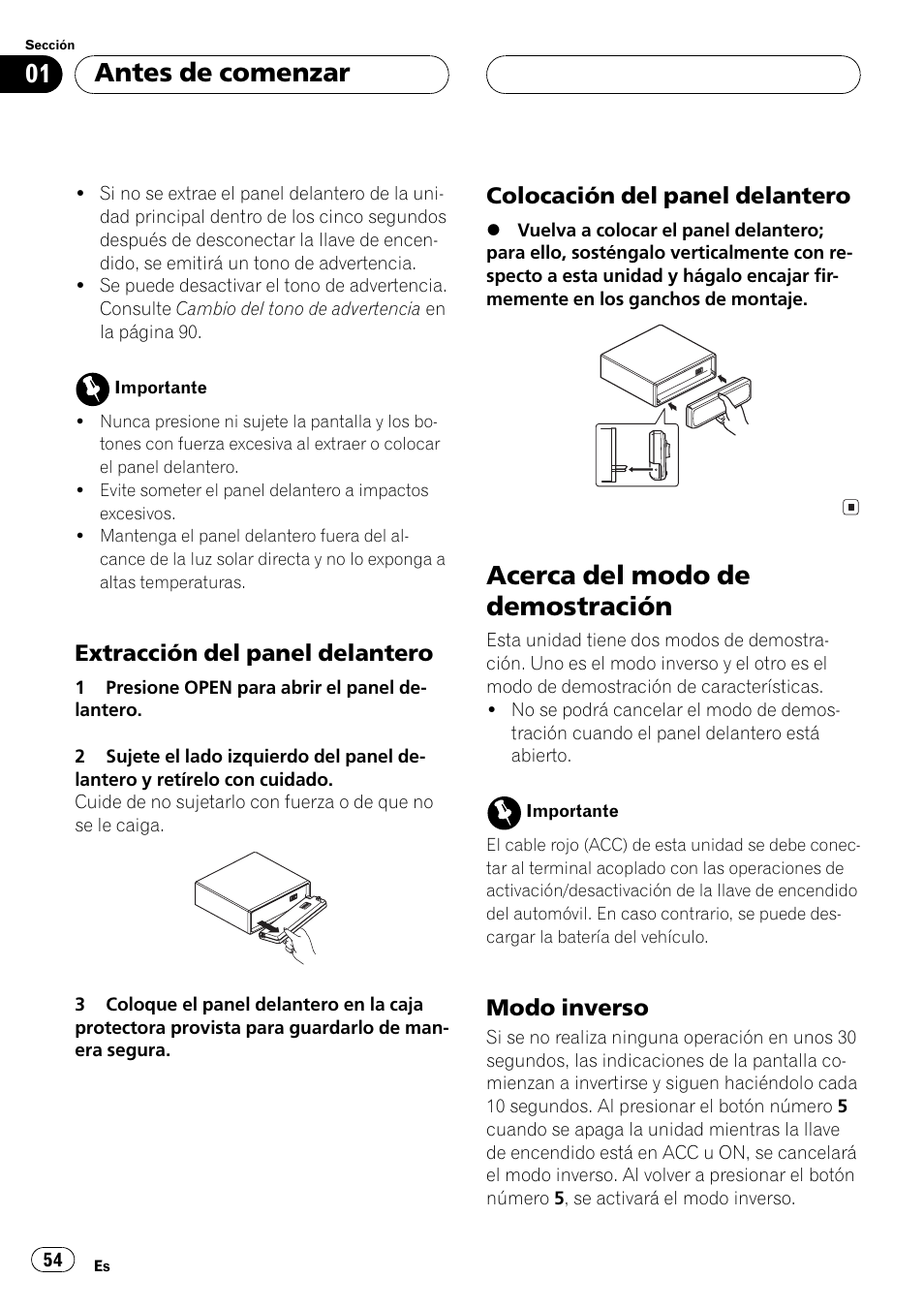Extracción del panel delantero 54, Colocación del panel delantero 54, Acerca del modo de demostración 54 | Modo inverso 54, Acerca del modo de demostración, Antes de comenzar | Pioneer DEH-P6500R User Manual | Page 54 / 108
