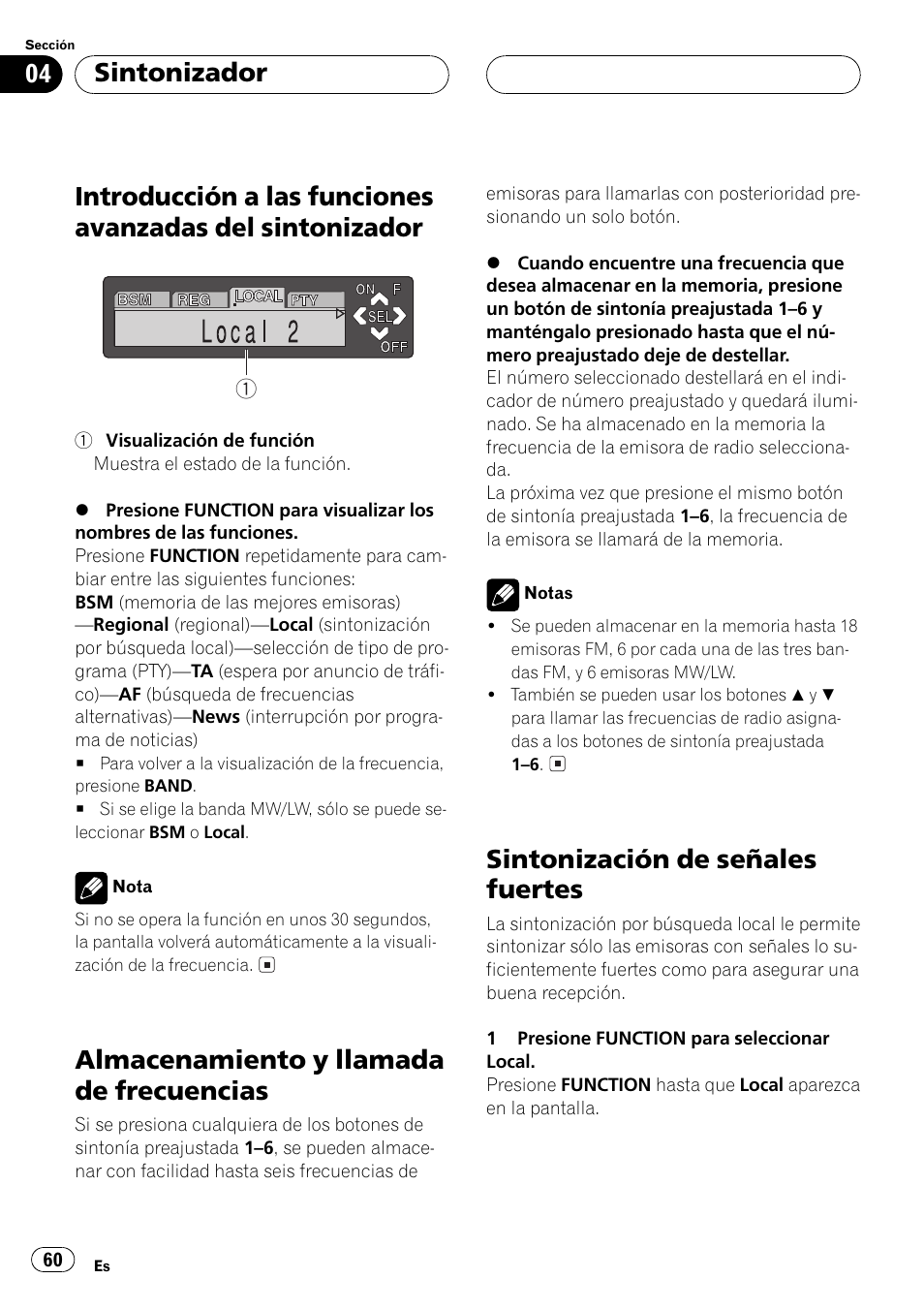 Introducción a las funciones avanzadas del, Sintonizador 60, Almacenamiento y llamada de | Frecuencias 60, Sintonización de señales fuertes 60, Almacenamiento y llamada de frecuencias, Sintonización de señales fuertes, Sintonizador | Pioneer DEH-P6500R User Manual | Page 60 / 108