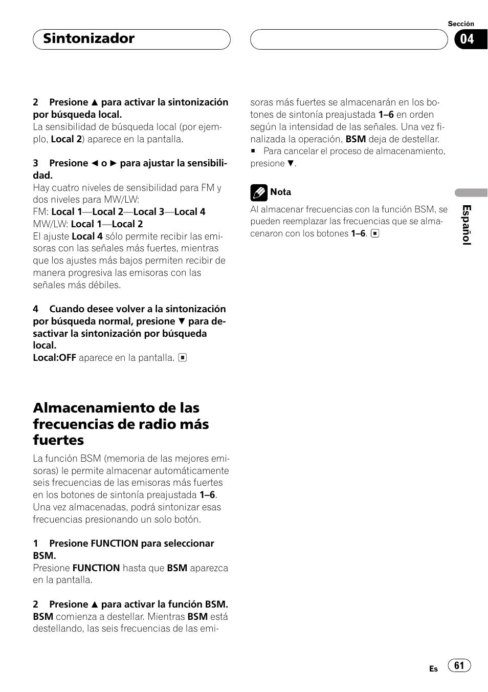 Almacenamiento de las frecuencias de radio, Más fuertes 61, Sintonizador | Pioneer DEH-P6500R User Manual | Page 61 / 108