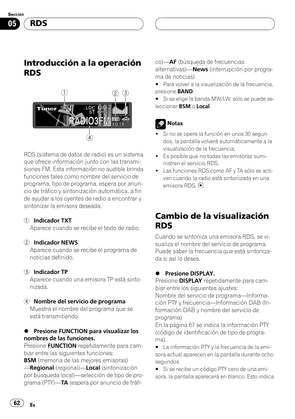 Introducción a la operación rds 62, Cambio de la visualización rds 62, Introducción a la operación rds | Cambio de la visualización rds | Pioneer DEH-P6500R User Manual | Page 62 / 108