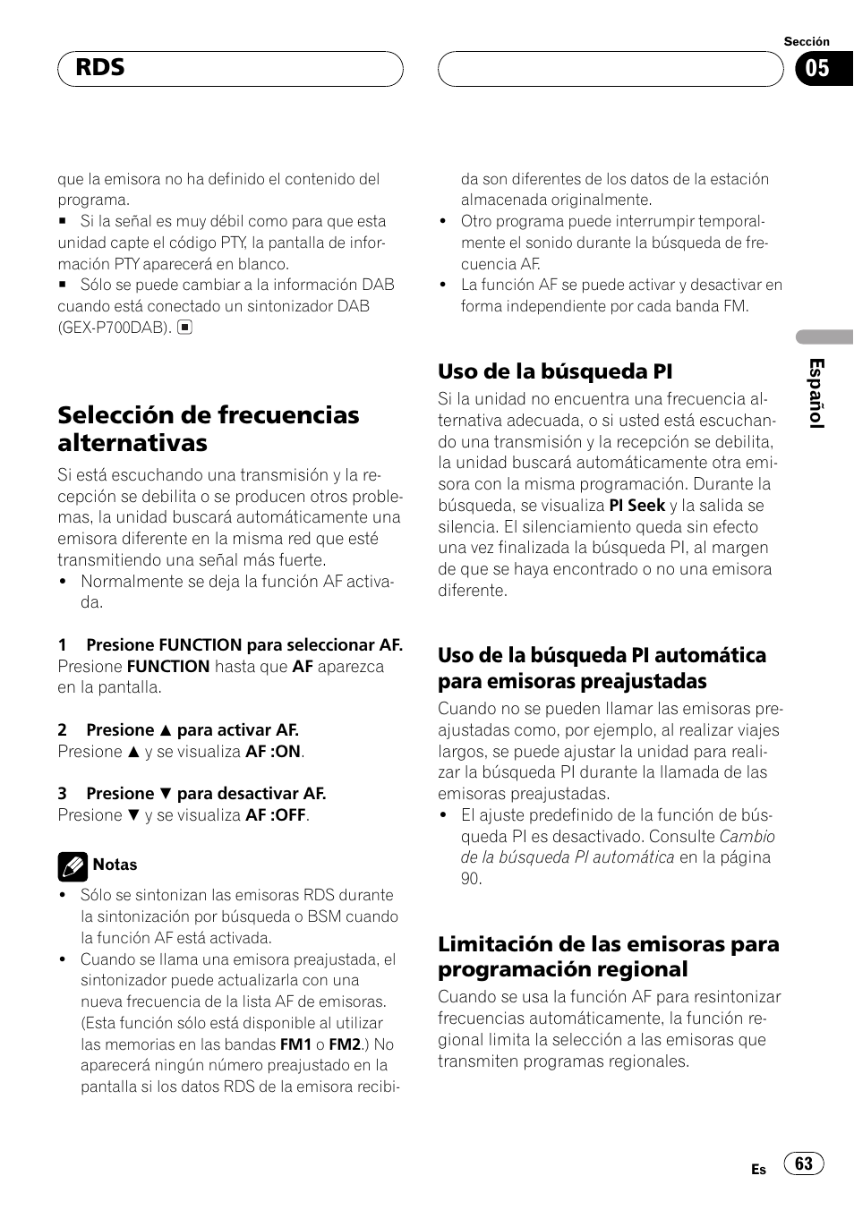 Selección de frecuencias alternativas 63, Uso de la búsqueda pi 63, Uso de la búsqueda pi automática | Para emisoras preajustadas 63, Limitación de las emisoras para, Programación regional 63, Selección de frecuencias alternativas | Pioneer DEH-P6500R User Manual | Page 63 / 108