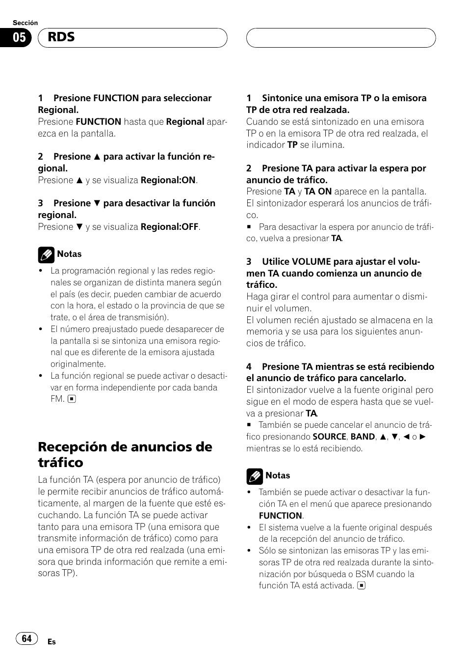 Recepción de anuncios de tráfico 64, Recepción de anuncios de tráfico | Pioneer DEH-P6500R User Manual | Page 64 / 108