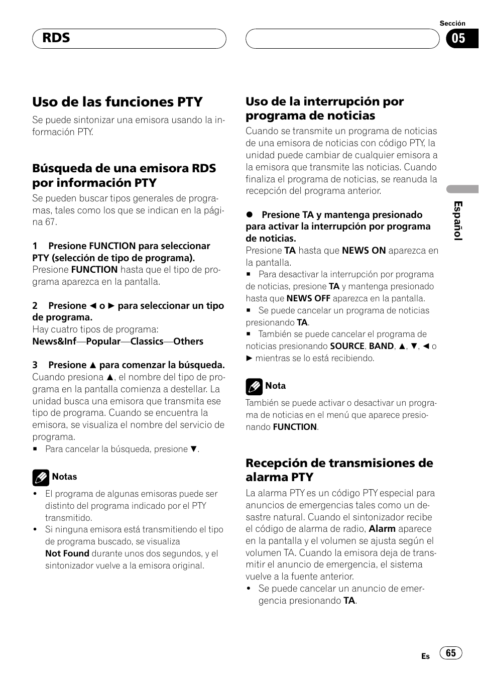 Uso de las funciones pty 65, Búsqueda de una emisora rdspor, Información pty 65 | Uso de la interrupción por programa, De noticias 65, Recepción de transmisiones de, Alarma pty 65, Uso de las funciones pty | Pioneer DEH-P6500R User Manual | Page 65 / 108