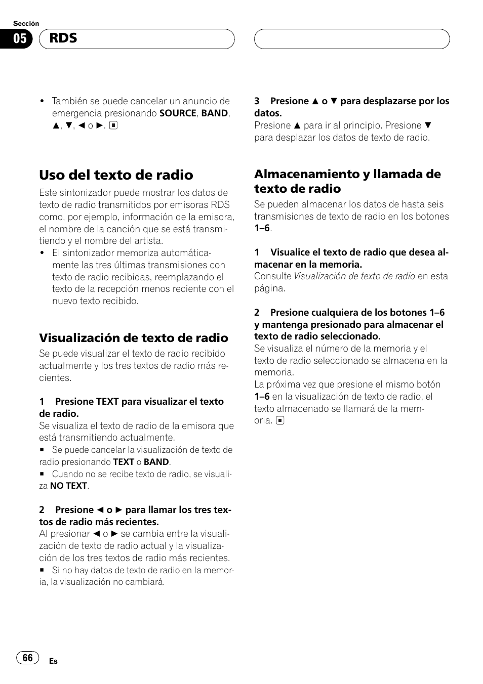 Uso del texto de radio 66, Visualización de texto de radio 66, Almacenamiento y llamada de texto | De radio 66, Uso del texto de radio | Pioneer DEH-P6500R User Manual | Page 66 / 108