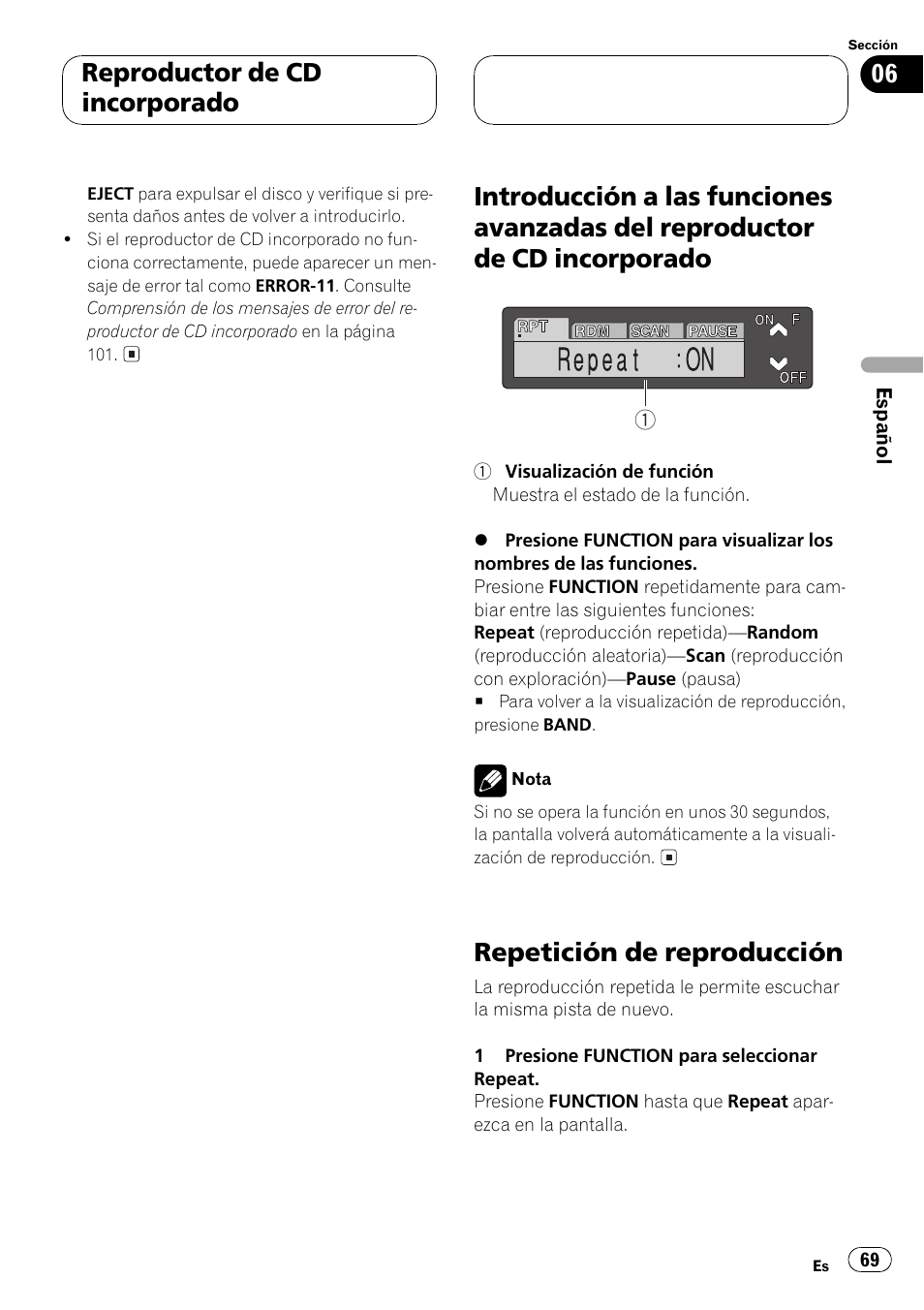 Introducción a las funciones avanzadas del, Reproductor de cd incorporado 69, Repetición de reproducción 69 | Repetición de reproducción, Reproductor de cd incorporado | Pioneer DEH-P6500R User Manual | Page 69 / 108