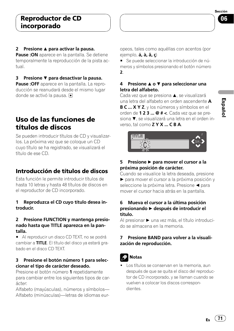 Uso de las funciones de títulos de discos 71, Introducción de títulos de discos 71, Uso de las funciones de títulos de discos | Reproductor de cd incorporado | Pioneer DEH-P6500R User Manual | Page 71 / 108