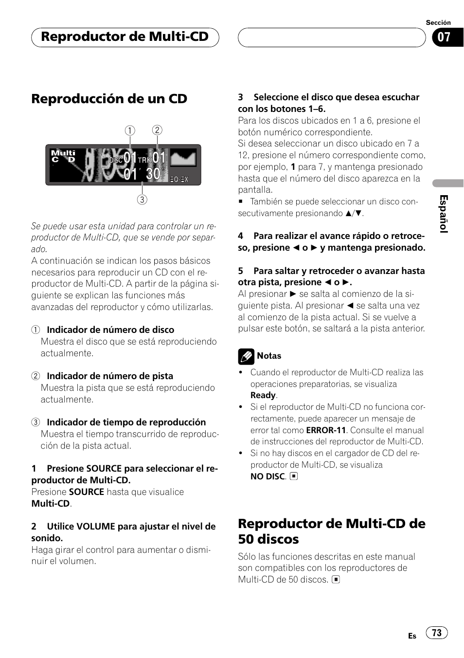 Reproductor de multi-cd, Reproducción de un cd 73, Reproductor de multi-cd de 50 discos 73 | Reproducción de un cd, Reproductor de multi-cd de 50 discos | Pioneer DEH-P6500R User Manual | Page 73 / 108