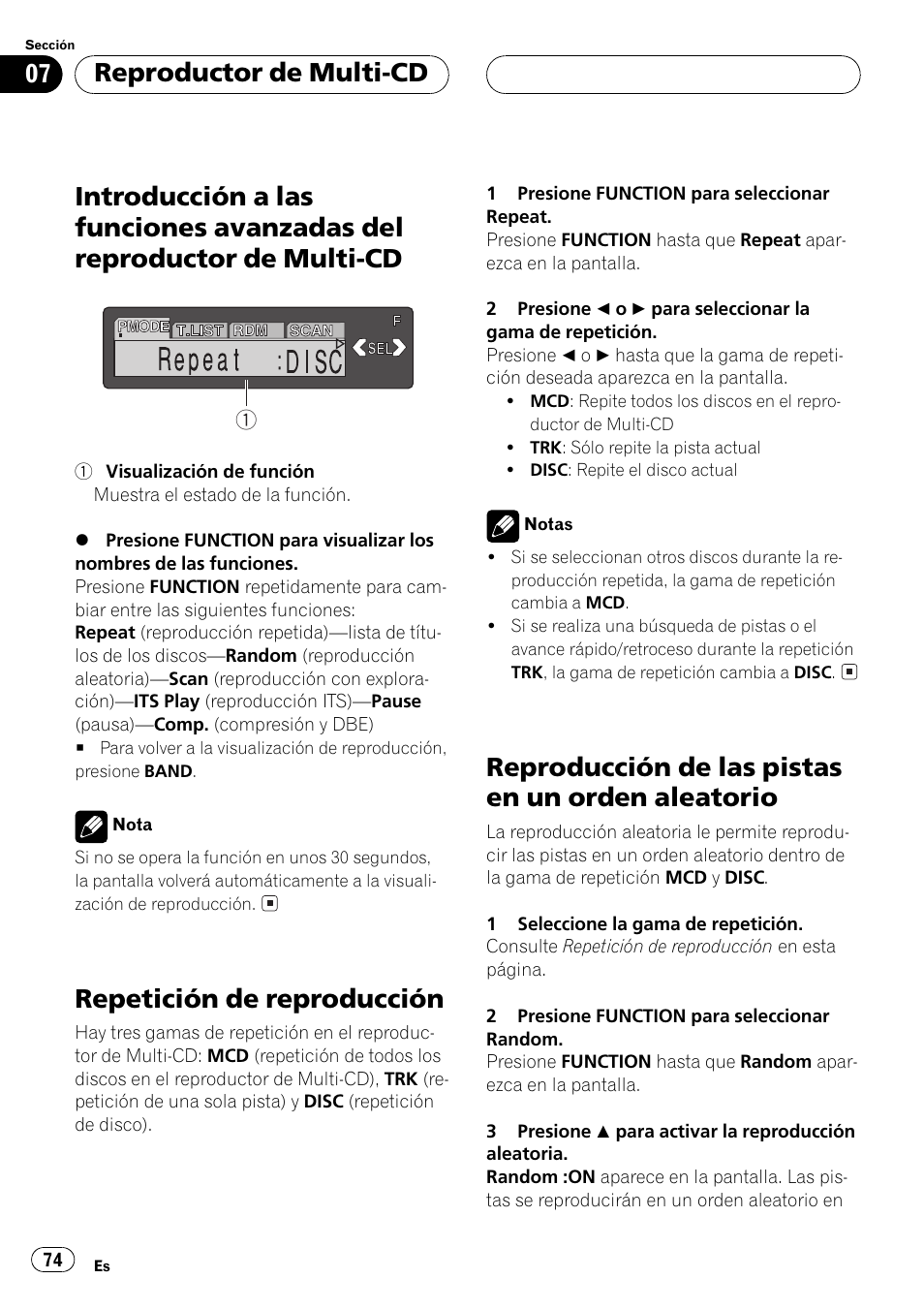 Introducción a las funciones avanzadas del, Reproductor de multi-cd 74, Repetición de reproducción 74 | Reproducción de las pistas en un orden, Aleatorio 74, Repetición de reproducción, Reproducción de las pistas en un orden aleatorio, Reproductor de multi-cd | Pioneer DEH-P6500R User Manual | Page 74 / 108