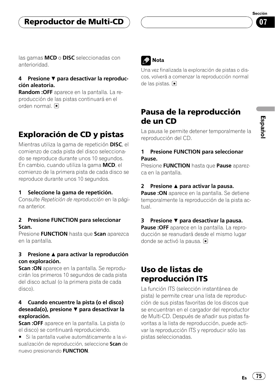 Exploración de cd y pistas 75, Pausa de la reproducción de un cd 75, Uso de listas de reproducción its 75 | Exploración de cd y pistas, Pausa de la reproducción de un cd, Uso de listas de reproducción its, Reproductor de multi-cd | Pioneer DEH-P6500R User Manual | Page 75 / 108