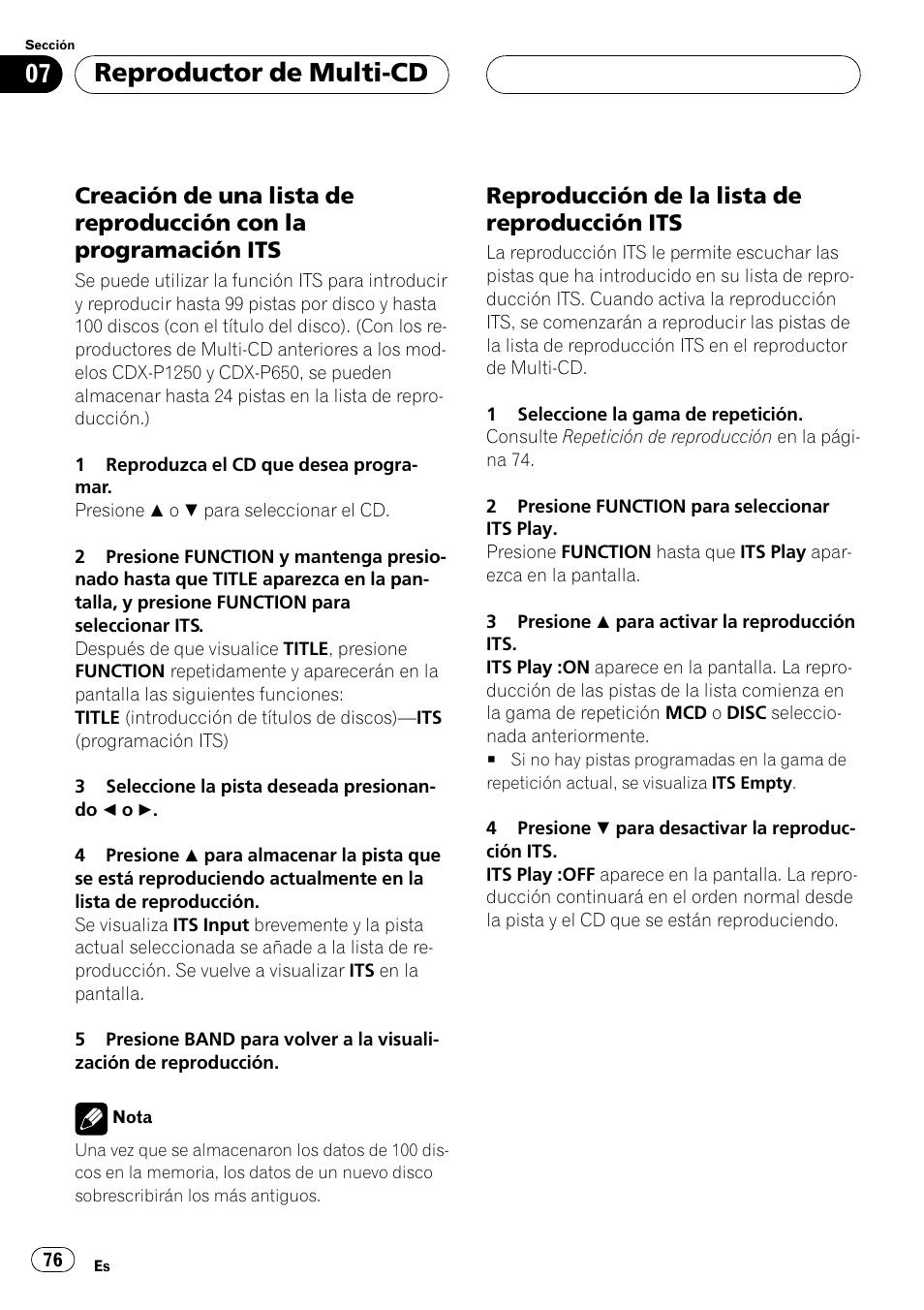 Creación de una lista de reproducción, Con la programación its 76, Reproducción de la lista de | Reproducción its 76, Reproductor de multi-cd, Reproducción de la lista de reproducción its | Pioneer DEH-P6500R User Manual | Page 76 / 108