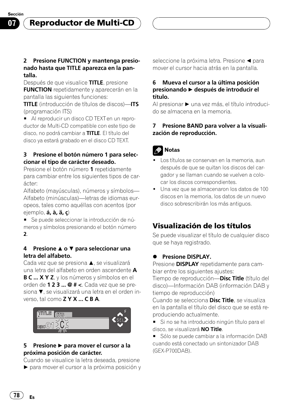 Visualización de los títulos 78, Reproductor de multi-cd, Visualización de los títulos | Pioneer DEH-P6500R User Manual | Page 78 / 108