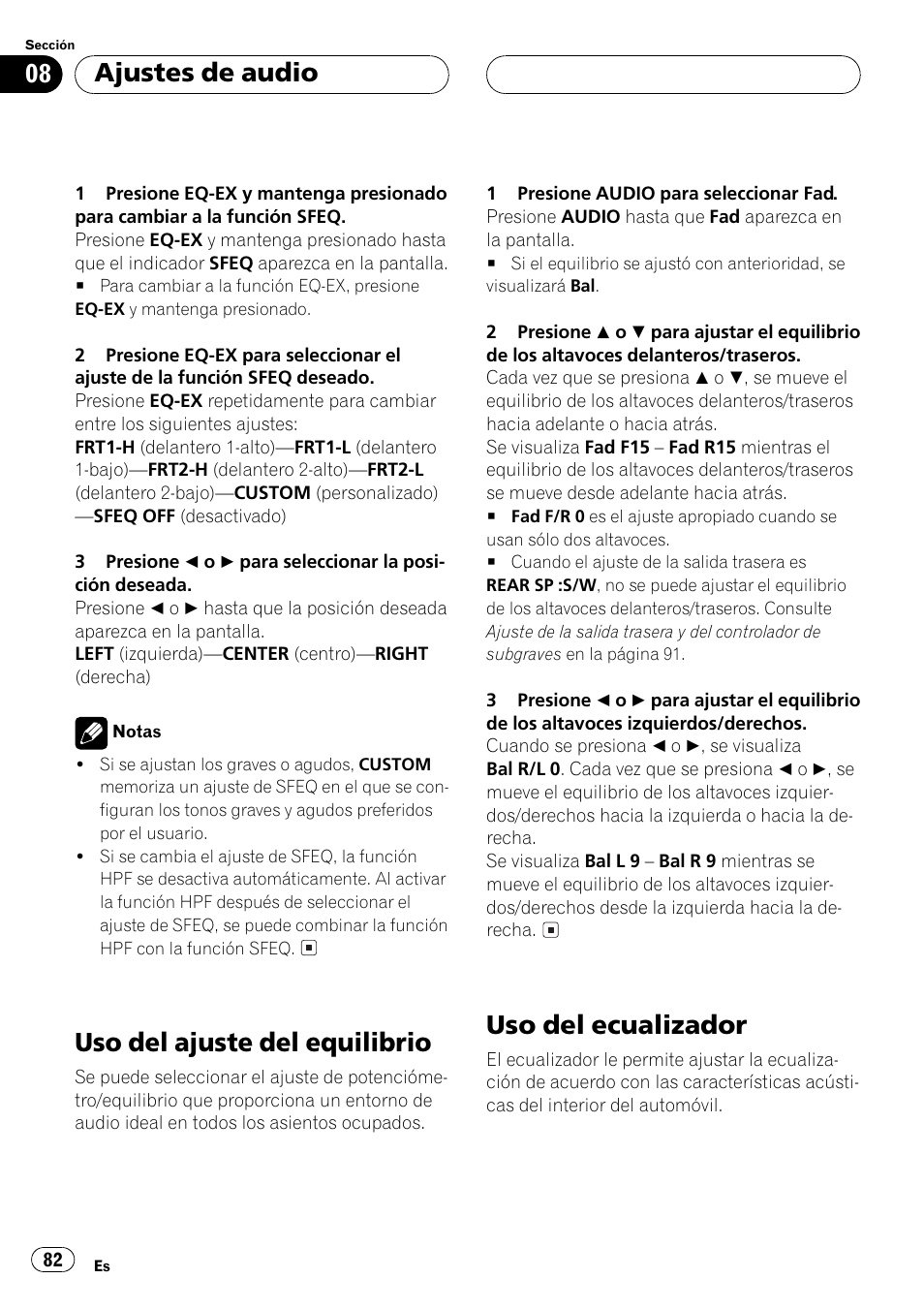 Uso del ajuste del equilibrio 82, Uso del ecualizador 82, Uso del ajuste del equilibrio | Uso del ecualizador, Ajustes de audio | Pioneer DEH-P6500R User Manual | Page 82 / 108
