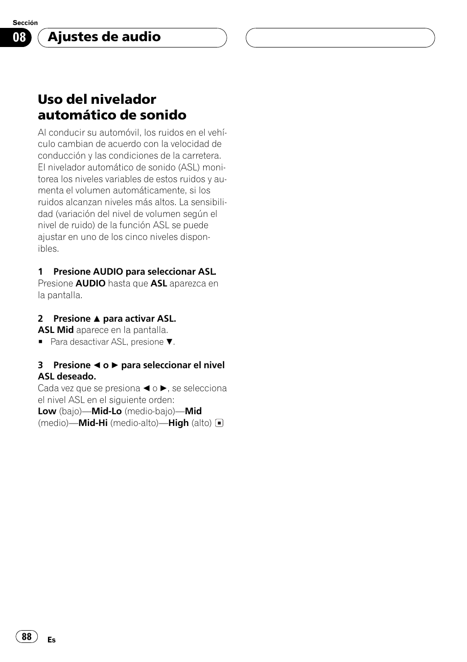 Uso del nivelador automático de sonido 88, Uso del nivelador automático de sonido, Ajustes de audio | Pioneer DEH-P6500R User Manual | Page 88 / 108