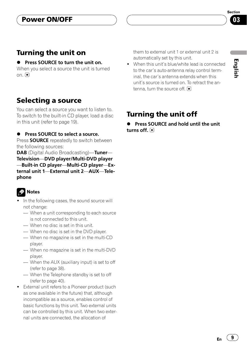 Turning the unit on, Selecting a source, Turning the unit off | Power on/off | Pioneer DEH-P6500R User Manual | Page 9 / 108