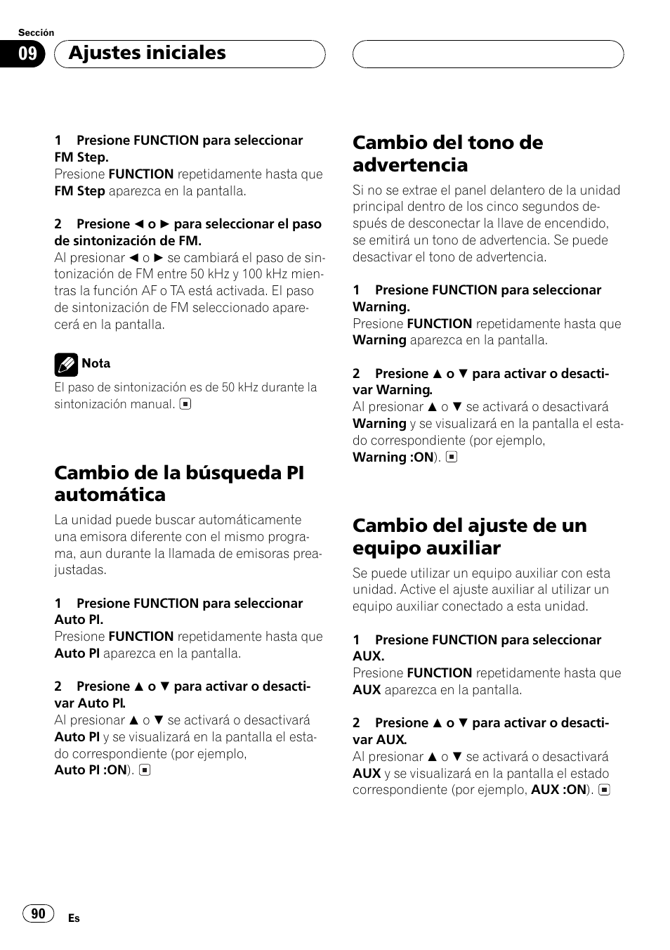 Cambio de la búsqueda pi automática 90, Cambio del tono de advertencia 90, Cambio del ajuste de un equipo auxiliar 90 | Cambio de la búsqueda pi automática, Cambio del tono de advertencia, Cambio del ajuste de un equipo auxiliar, Ajustes iniciales | Pioneer DEH-P6500R User Manual | Page 90 / 108