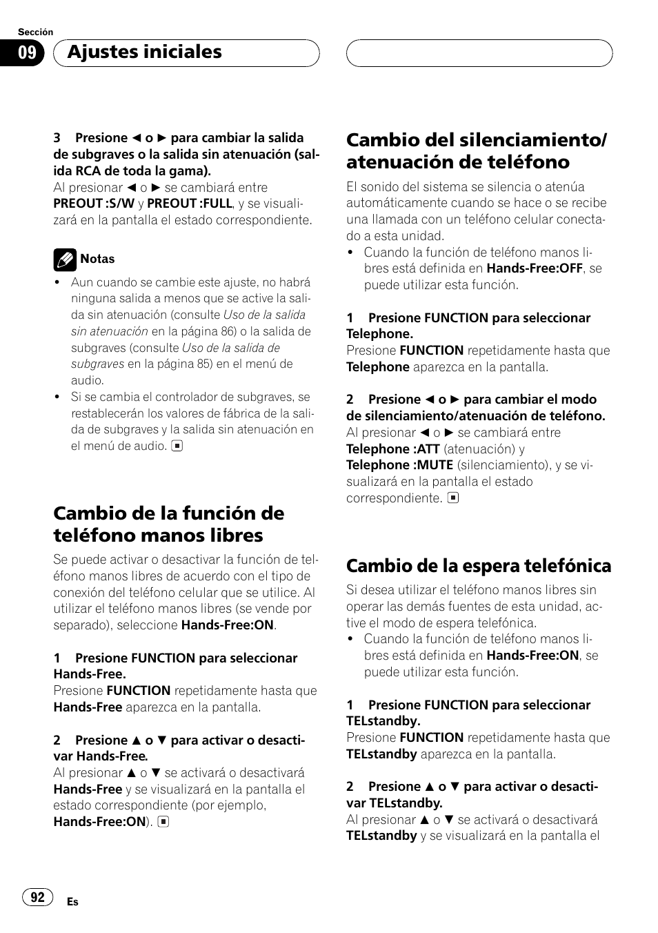 Cambio de la función de teléfono manos, Libres 92, Cambio del silenciamiento/atenuación de | Teléfono 92, Cambio de la espera telefónica 92, Cambio de la función de teléfono manos libres, Cambio del silenciamiento/ atenuación de teléfono, Cambio de la espera telefónica, Ajustes iniciales | Pioneer DEH-P6500R User Manual | Page 92 / 108
