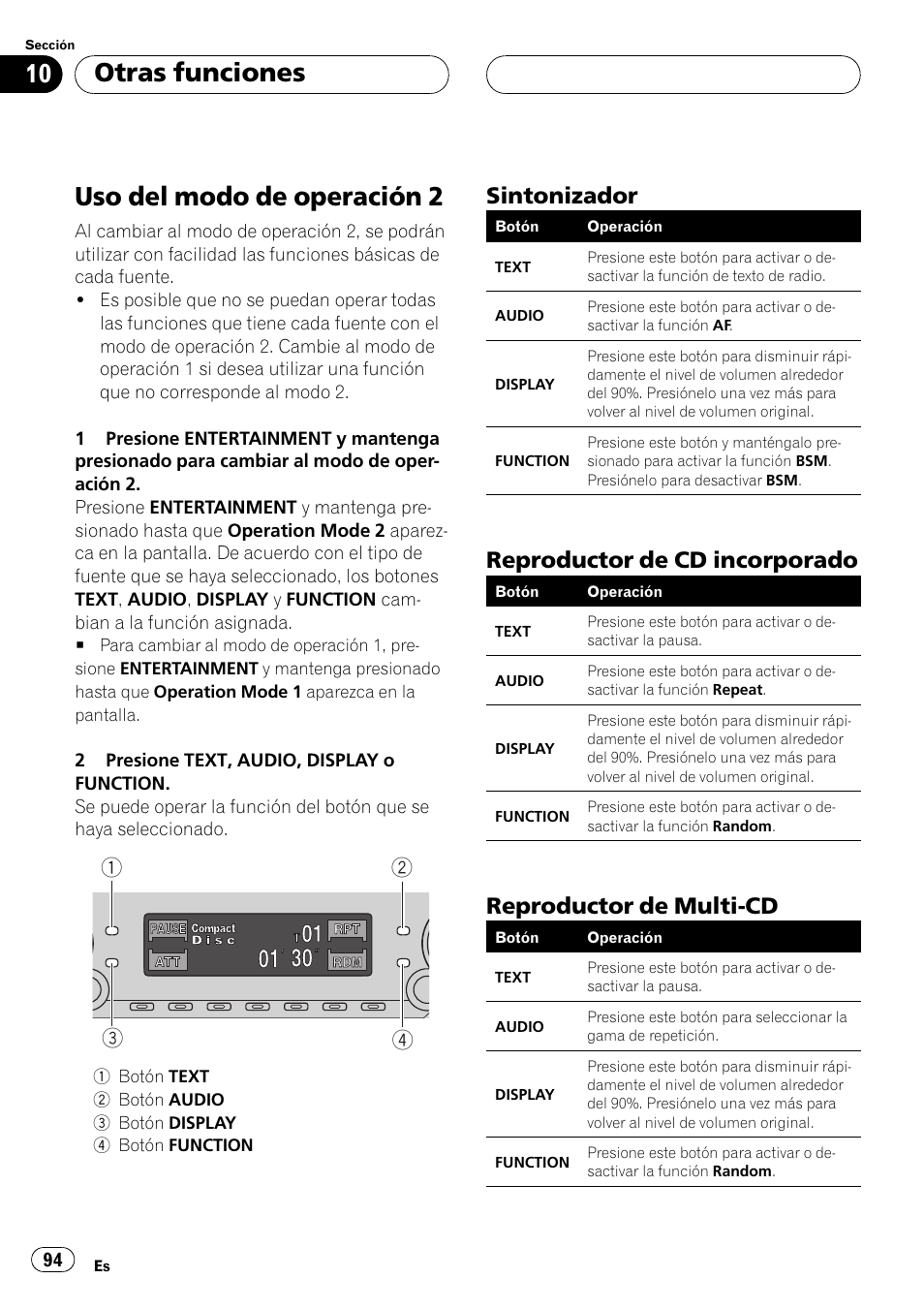 Otras funciones, Uso del modo de operación 2 94, Sintonizador 94 | Reproductor de cd incorporado 94, Reproductor de multi-cd 94, Uso del modo de operación 2, Sintonizador, Reproductor de cd incorporado, Reproductor de multi-cd | Pioneer DEH-P6500R User Manual | Page 94 / 108