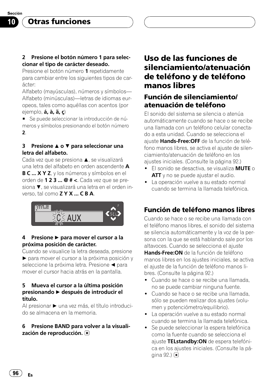 Uso de las funciones de silenciamiento, Atenuación de teléfono y de teléfono, Manos libres 96 | Función de silenciamiento/atenuación, De teléfono 96, Función de teléfono manos libres 96, Otras funciones | Pioneer DEH-P6500R User Manual | Page 96 / 108