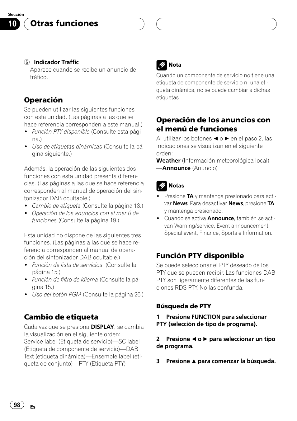 Operación 98, Cambio de etiqueta 98, Operación de los anuncios con el | Menú de funciones 98, Función pty disponible 98, Otras funciones, Operación, Cambio de etiqueta, Operación de los anuncios con el menú de funciones, Función pty disponible | Pioneer DEH-P6500R User Manual | Page 98 / 108