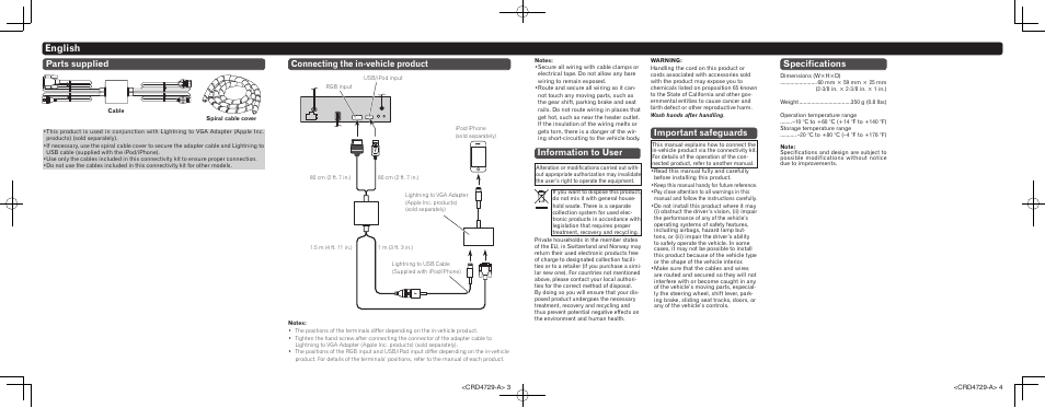 English, Specifications, Connecting the in-vehicle product parts supplied | Information to user, Important safeguards | Pioneer CD-IV202AV User Manual | Page 2 / 8