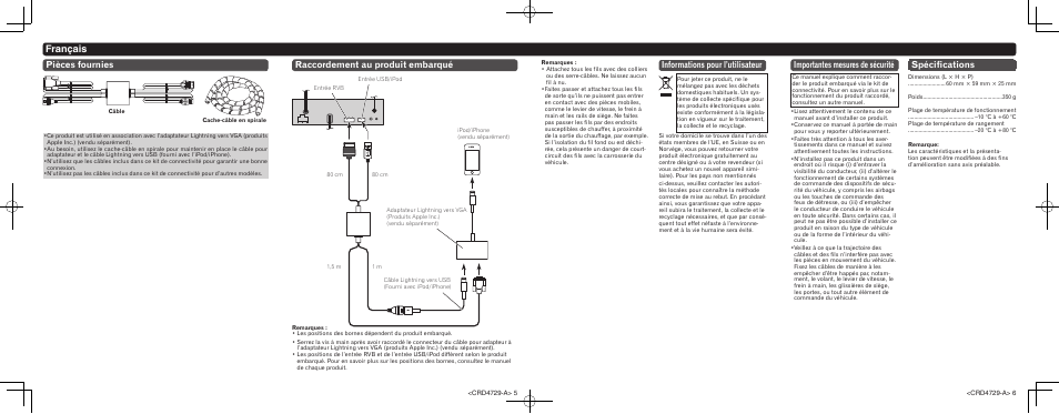 Français, Raccordement au produit embarqué pièces fournies, Informations pour l’utilisateur | Importantes mesures de sécurité, Spécifications | Pioneer CD-IV202AV User Manual | Page 3 / 8