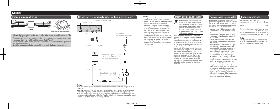 Español, Información para el usuario, Precauciones importantes | Especificaciones | Pioneer CD-IV202AV User Manual | Page 5 / 8