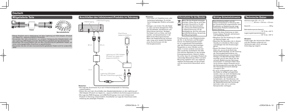 Deutsch, Informationen für den benutzer, Wichtige sicherheitshinweise | Technische daten | Pioneer CD-IV202AV User Manual | Page 6 / 8